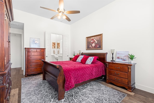 bedroom featuring ceiling fan and dark hardwood / wood-style flooring