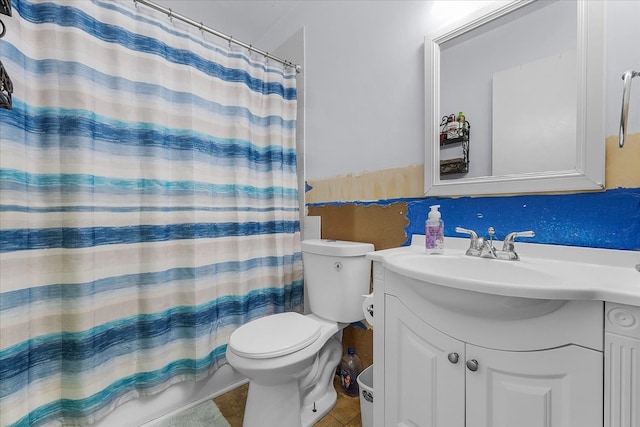 full bathroom with shower / bath combo, toilet, tile patterned flooring, backsplash, and vanity