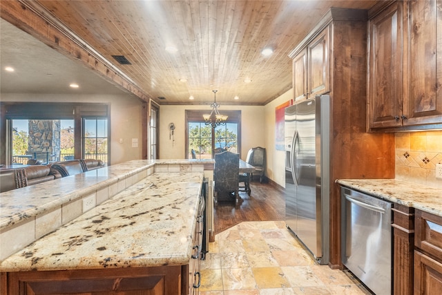 kitchen with decorative backsplash, wooden ceiling, light hardwood / wood-style floors, decorative light fixtures, and stainless steel appliances