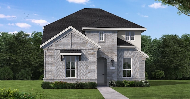 view of front of house featuring stone siding, roof with shingles, and a front yard