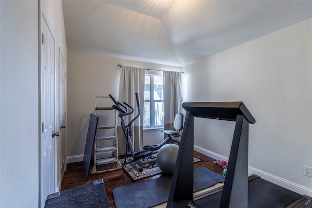 workout room featuring lofted ceiling and dark wood-type flooring