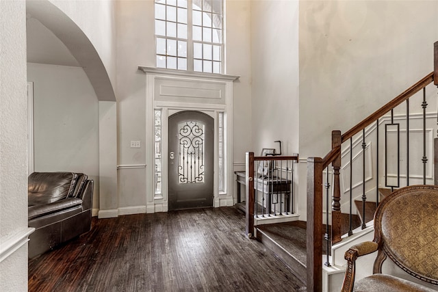 foyer featuring wood-type flooring and a towering ceiling