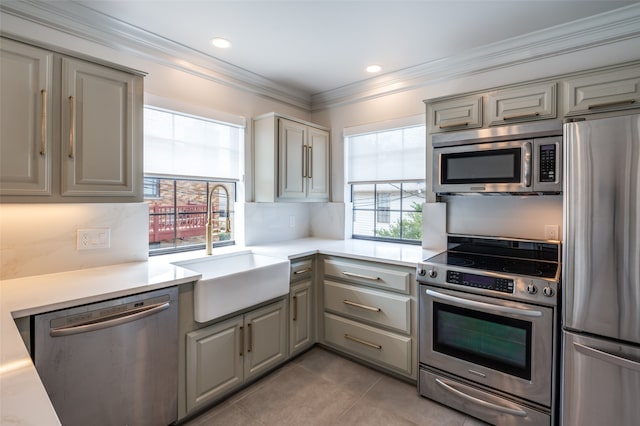 kitchen with sink, appliances with stainless steel finishes, a wealth of natural light, and gray cabinetry