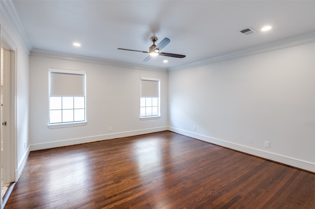 unfurnished room featuring crown molding, dark hardwood / wood-style floors, and ceiling fan