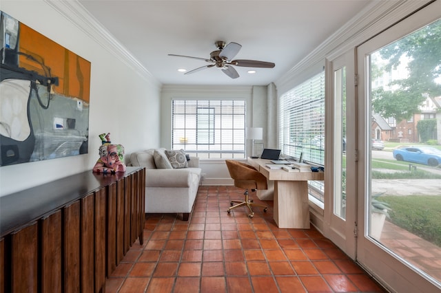 tiled office with crown molding and ceiling fan