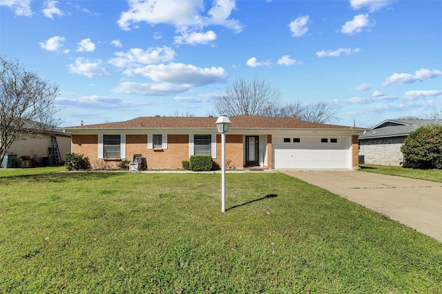 ranch-style home featuring concrete driveway, brick siding, a garage, and a front lawn