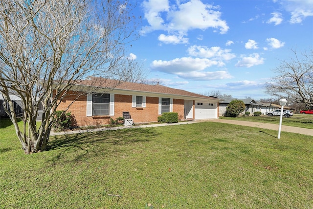 ranch-style house featuring a front yard, brick siding, an attached garage, and driveway