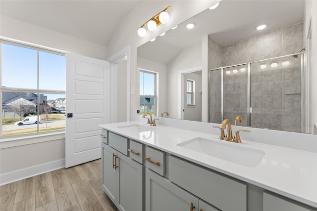 full bath with plenty of natural light, a sink, and a shower stall