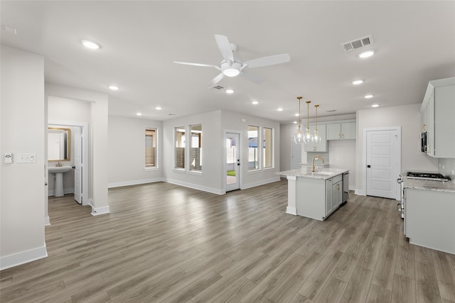 kitchen featuring light wood-style floors, recessed lighting, visible vents, and a sink