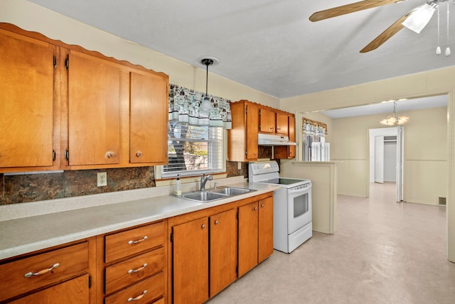 kitchen with white electric stove, decorative light fixtures, sink, and backsplash