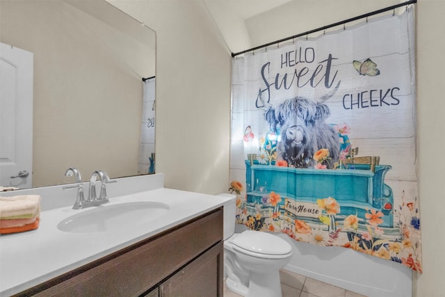 full bathroom featuring toilet, tile patterned flooring, shower / bath combo, and vanity