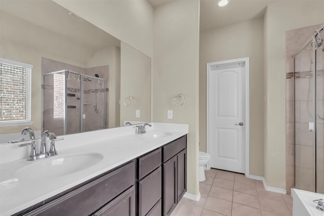 full bathroom featuring toilet, independent shower and bath, tile patterned flooring, and vanity