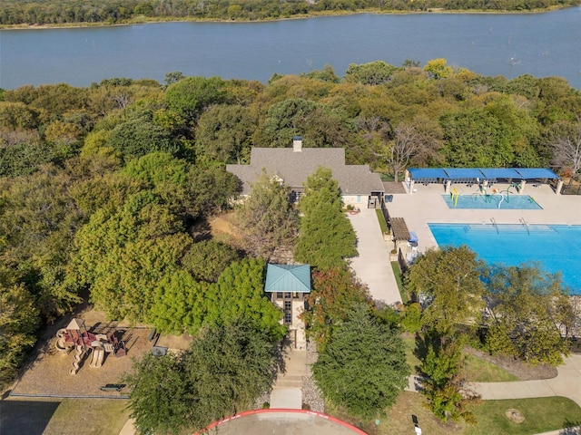 drone / aerial view featuring a water view