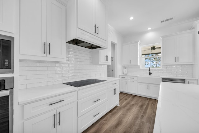 kitchen with decorative backsplash, appliances with stainless steel finishes, white cabinetry, and sink