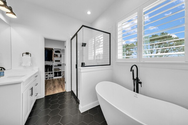 bathroom featuring tile patterned flooring, vanity, a healthy amount of sunlight, and separate shower and tub