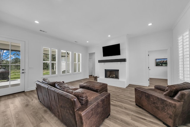 living room featuring crown molding and light hardwood / wood-style flooring