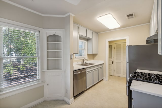 kitchen featuring appliances with stainless steel finishes, ornamental molding, sink, and plenty of natural light