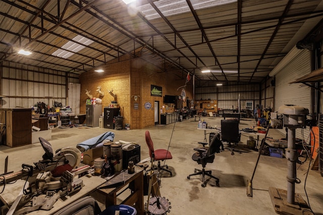 garage with a workshop area