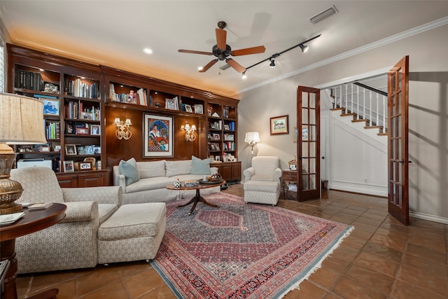 tiled living room featuring french doors, ceiling fan, ornamental molding, and rail lighting