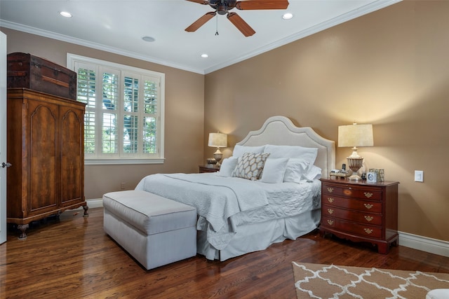 bedroom with dark wood-type flooring, crown molding, and ceiling fan