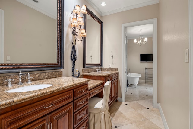 bathroom featuring tile patterned flooring, crown molding, an inviting chandelier, a bathing tub, and vanity