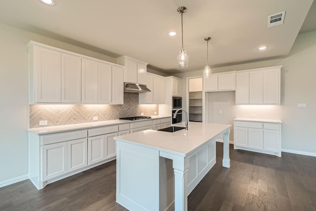 kitchen with sink, a center island with sink, and white cabinets