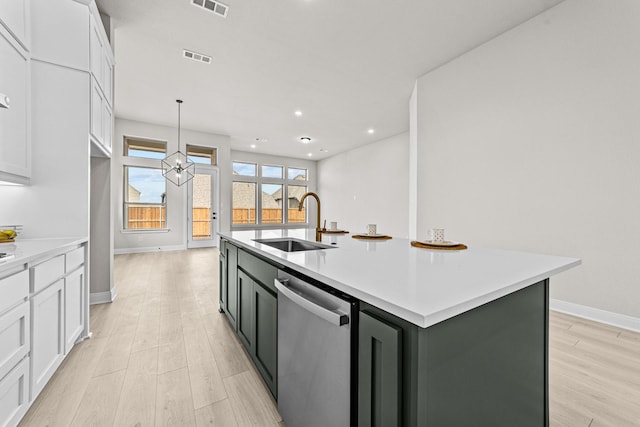 kitchen featuring sink, hanging light fixtures, dishwasher, a kitchen island with sink, and white cabinets