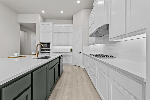 kitchen with sink, white cabinetry, light wood-type flooring, stainless steel appliances, and decorative backsplash