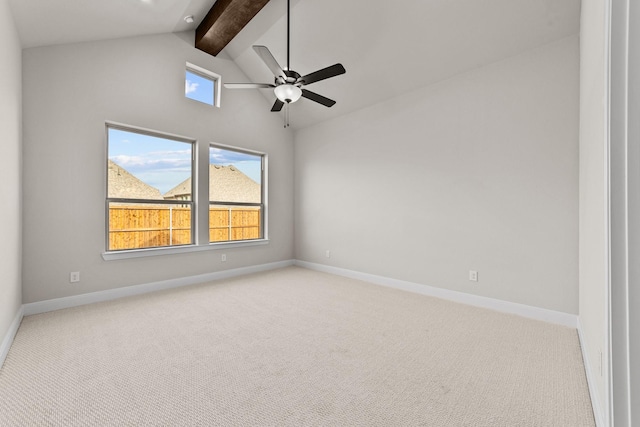 empty room with vaulted ceiling with beams, light colored carpet, and ceiling fan