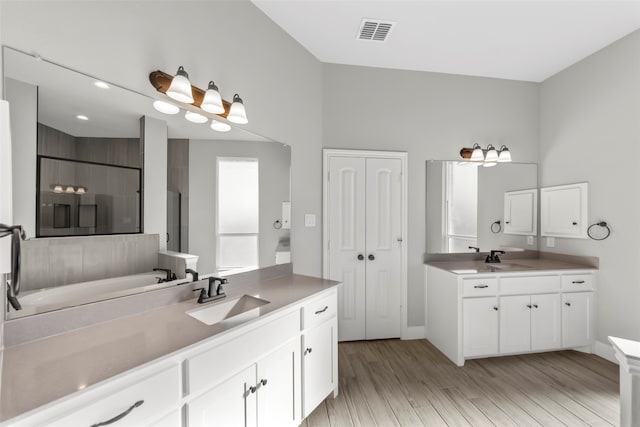 bathroom featuring vanity, hardwood / wood-style floors, and a shower with shower door