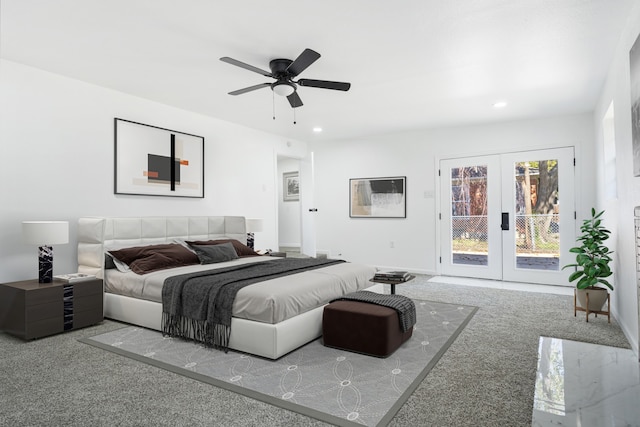 carpeted bedroom featuring access to exterior, french doors, and ceiling fan