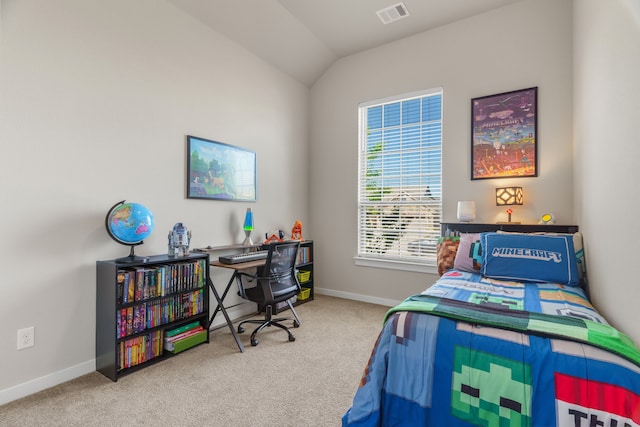 bedroom featuring carpet and vaulted ceiling