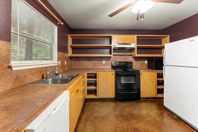 kitchen featuring backsplash, ceiling fan, sink, and black appliances