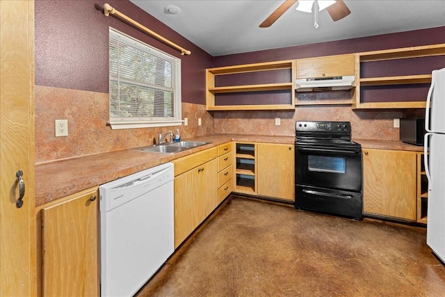 kitchen featuring open shelves, white appliances, under cabinet range hood, and light countertops