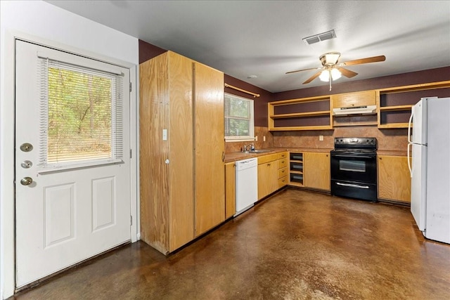 kitchen featuring concrete flooring, white appliances, open shelves, and a sink