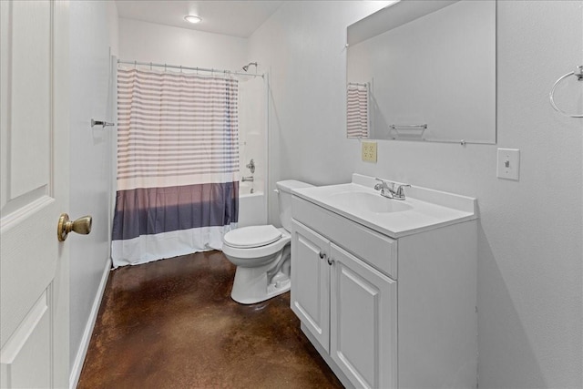 full bath featuring baseboards, toilet, shower / bath combination with curtain, vanity, and concrete floors