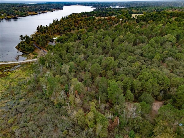 bird's eye view with a forest view and a water view