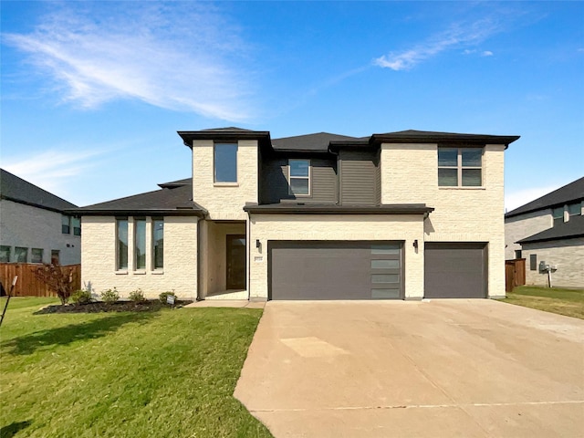 prairie-style house featuring fence, a front yard, concrete driveway, and an attached garage
