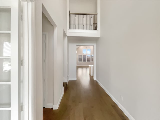 hallway with dark wood-type flooring