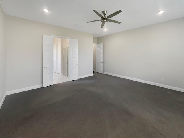 unfurnished bedroom with recessed lighting, ceiling fan, carpet floors, and baseboards