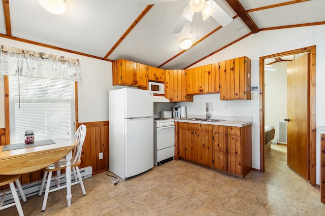 kitchen with ceiling fan, vaulted ceiling with beams, baseboard heating, sink, and white appliances