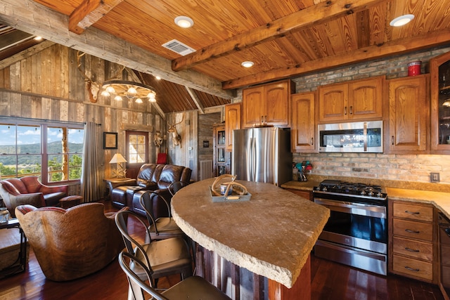 kitchen featuring dark hardwood / wood-style floors, lofted ceiling with beams, stainless steel appliances, and wooden walls