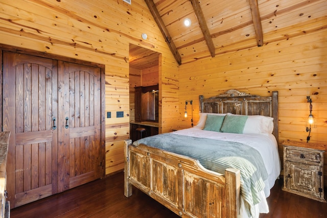 bedroom with vaulted ceiling with beams, dark hardwood / wood-style floors, and wood walls