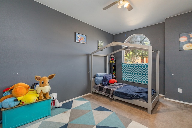 bedroom featuring carpet flooring and ceiling fan