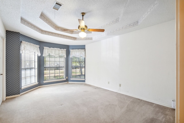 spare room with a raised ceiling, carpet flooring, and ceiling fan