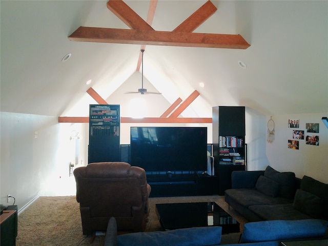 living room with lofted ceiling with beams, carpet flooring, and ceiling fan