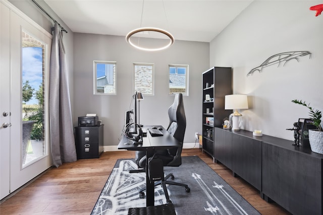 home office featuring a healthy amount of sunlight and hardwood / wood-style flooring