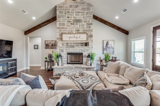 living room with dark wood-type flooring, beam ceiling, high vaulted ceiling, and a fireplace