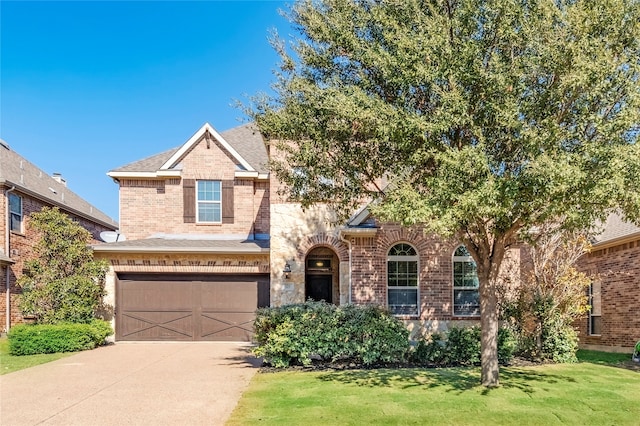 view of front facade with a front yard and a garage