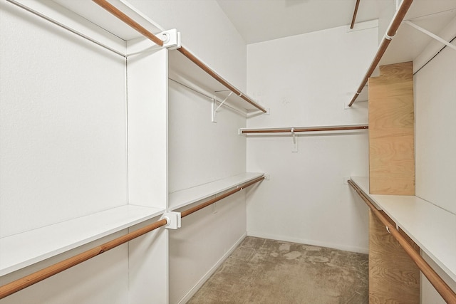 walk in closet featuring light colored carpet